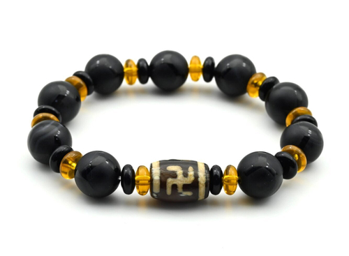 Браслет с бусиной дзи "ХоТу" бочонок 12*16мм с агатом черным матовым шарик 12мм.