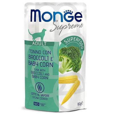 Влажный корм для кошек Monge Supreme Adult cat из тунца с брокколи и мини-кукурузой, Пауч 80 г