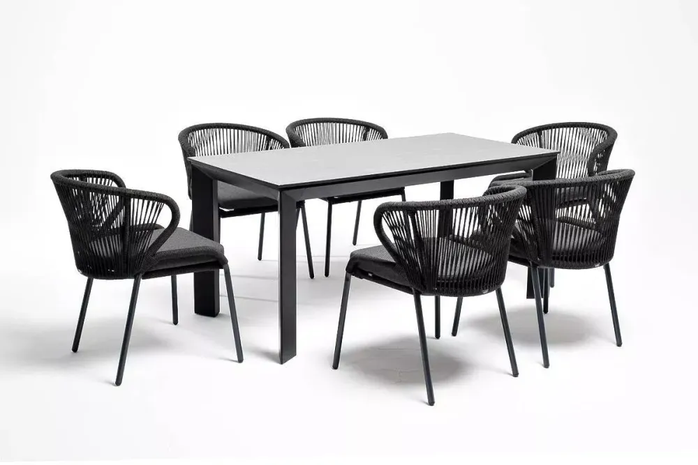 "Венето" обеденная группа на 6 персон со стульями "Милан", каркас темно-серый, роуп темно-серый