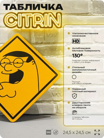 Табличка декоративная "Питер Гриффин" из сериала Гриффины на дверь и стену, прикольная штука в подарок фанату, декоративный знак ЦИТРИН, 24,5х24,5 см, пластиковая, Айдентика Технолоджи