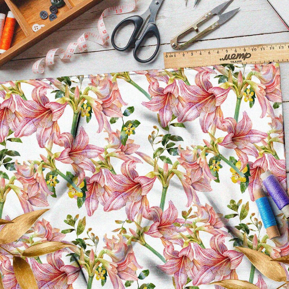 Ткань шелк Армани розовые лилии и мелкие жёлтые цветы