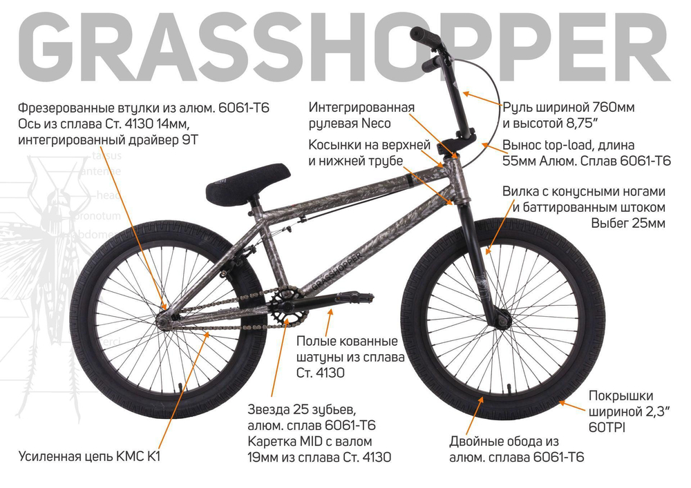 Велосипед BMX Tech Team Grasshopper 20"х20,8"  2024 сине-черный