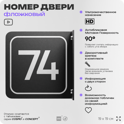 Табличка флажковая с номером 74 на дверь квартиры, для офиса, кабинета, аудитории, склада, черная двустороняя 19х19 см, Айдентика Технолоджи