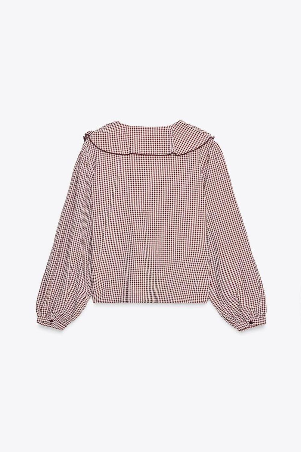ZARA БЛУЗА В КЛЕТКУ ВИШИ С ВОЛАНАМИ, БОРДОВЫЙ/ЭКРЮ