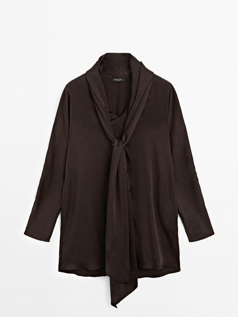 Massimo Dutti Длинная блуза из струящейся ткани с завязками на горловине, коричневый
