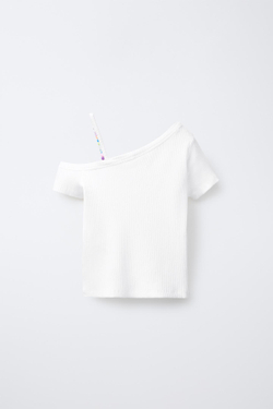 ZARA АСИММЕТРИЧНЫЙ ТОП В РУБЧИК С БУСИНАМИ, БЕЛЫЙ