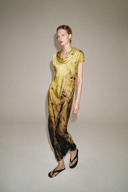 ZARA ПЛАТЬЕ С ПРИНТОМ ZW COLLECTION, КОНЬЯЧНЫЙ