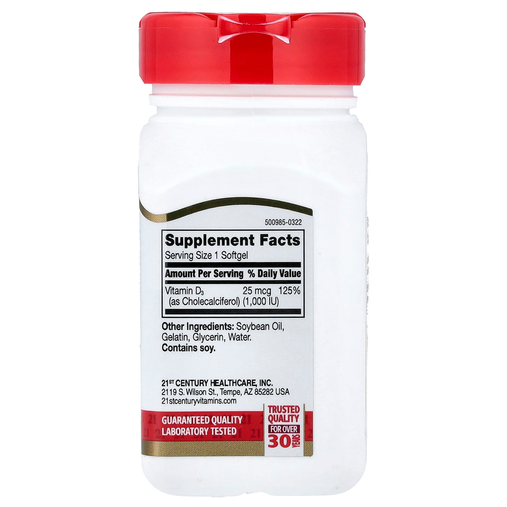 21st Century, Витамин D3, 25 мкг (1000 МЕ), 250 мягких таблеток с быстрым высвобождением