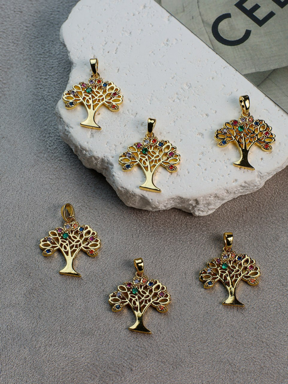 Подвеска "Дерево жизни" 20*20 мм с фианитами, позолота 14k