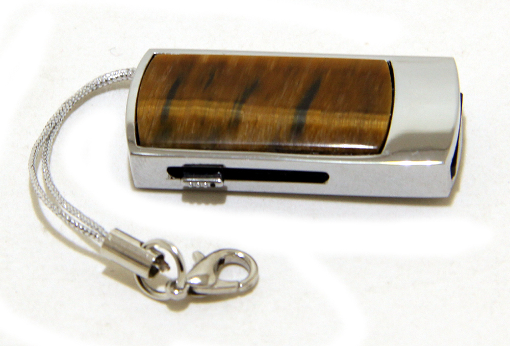 Подарочная USB флеш карта на 64GB с накладкой камня тигровый глаз, в подарочной упаковке
