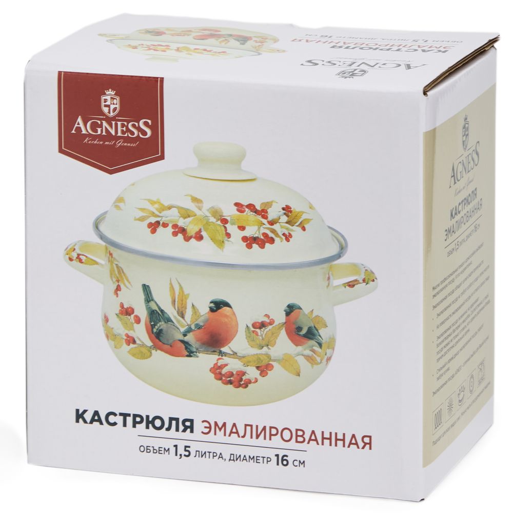 КАСТРЮЛЯ AGNESS ЭМАЛИРОВАННАЯ С ЭМАЛ.КРЫШКОЙ СЕРИЯ "СНЕГИРИ", 1.5 Л, 16*10 СМ