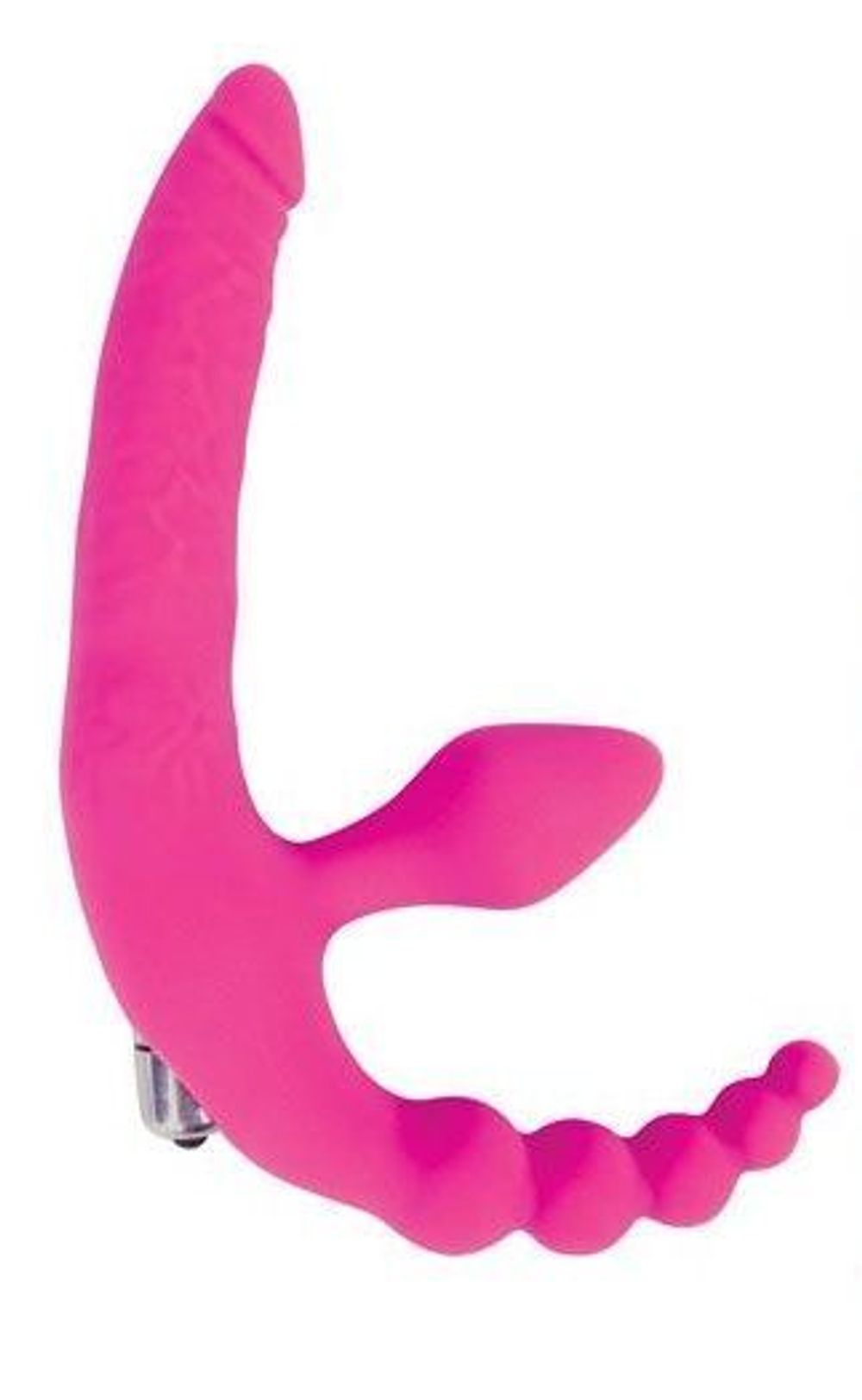 Розовый безремневой страпон с анальным отростком и вибрацией - 15 см. (Цвет: розовый)