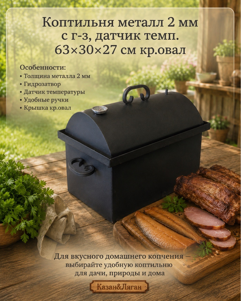 Коптильня металл 2 мм с г-з, датчик темп. 63*30*27 см кр.овал