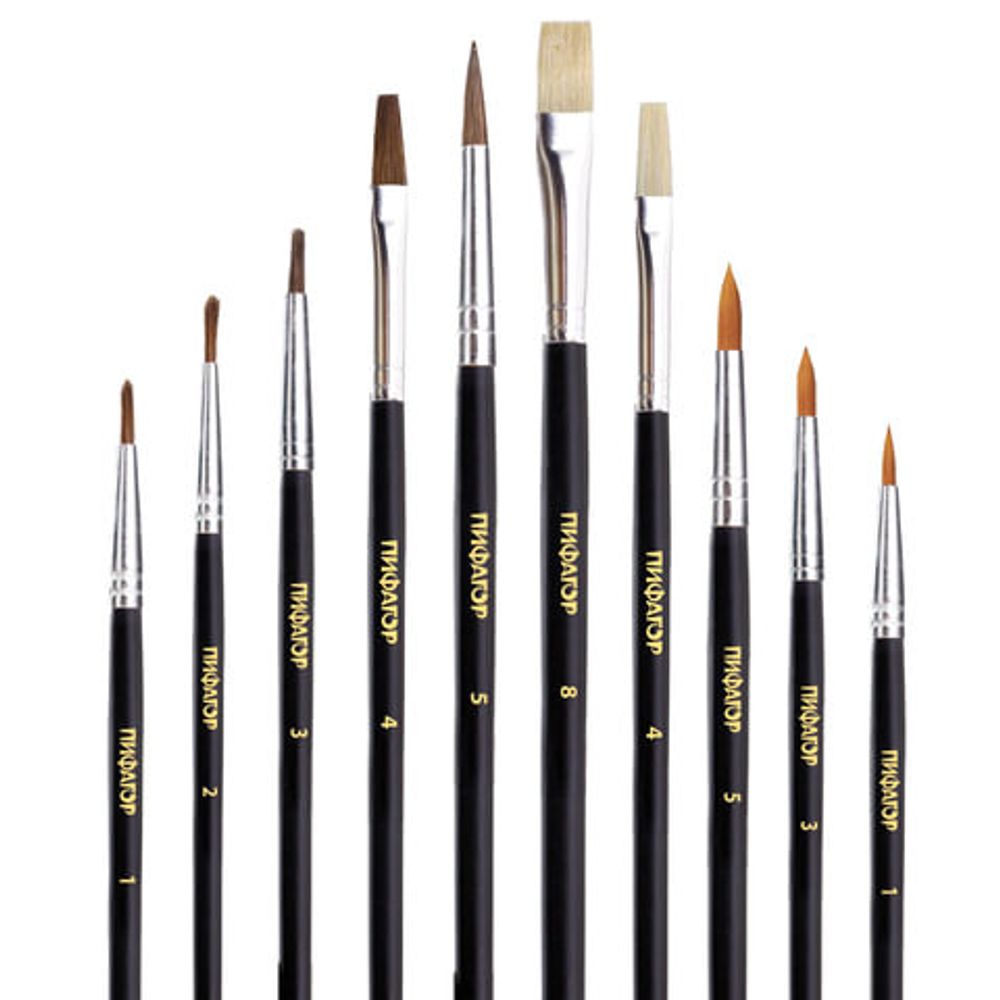 Кисти ПИФАГОР, набор 10 шт. (пони - 5 шт., синтетика - 3 шт., щетина - 2 шт., круглые, плоские), 200505