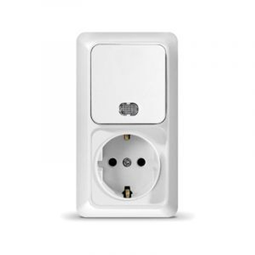 UNIVersal  Олимп  Белый Блок 1-клавишный с подсветкой + 1-местная  евро с заземляющими контактами 16А 220В вертикальный О0039