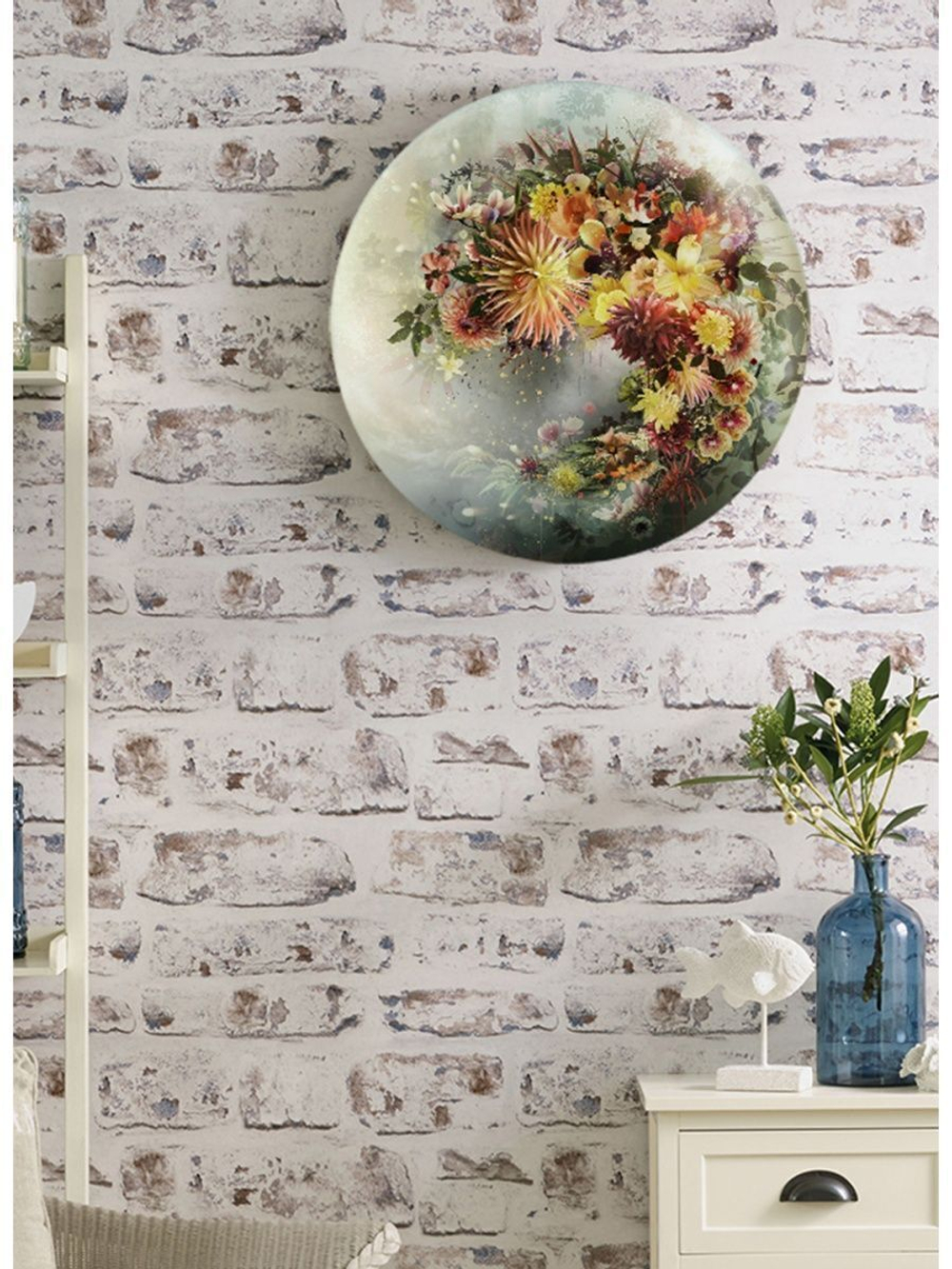 Картина на стекле тондо для интерьера круглая "Цветы тондо 2", диаметр 28 см