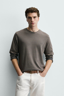 ZARA ФУТБОЛКА В ПОЛОСКУ С ЭФФЕКТОМ ПОТЕРТОСТИ, ЗЕЛЕНОВАТО-СИНИЙ