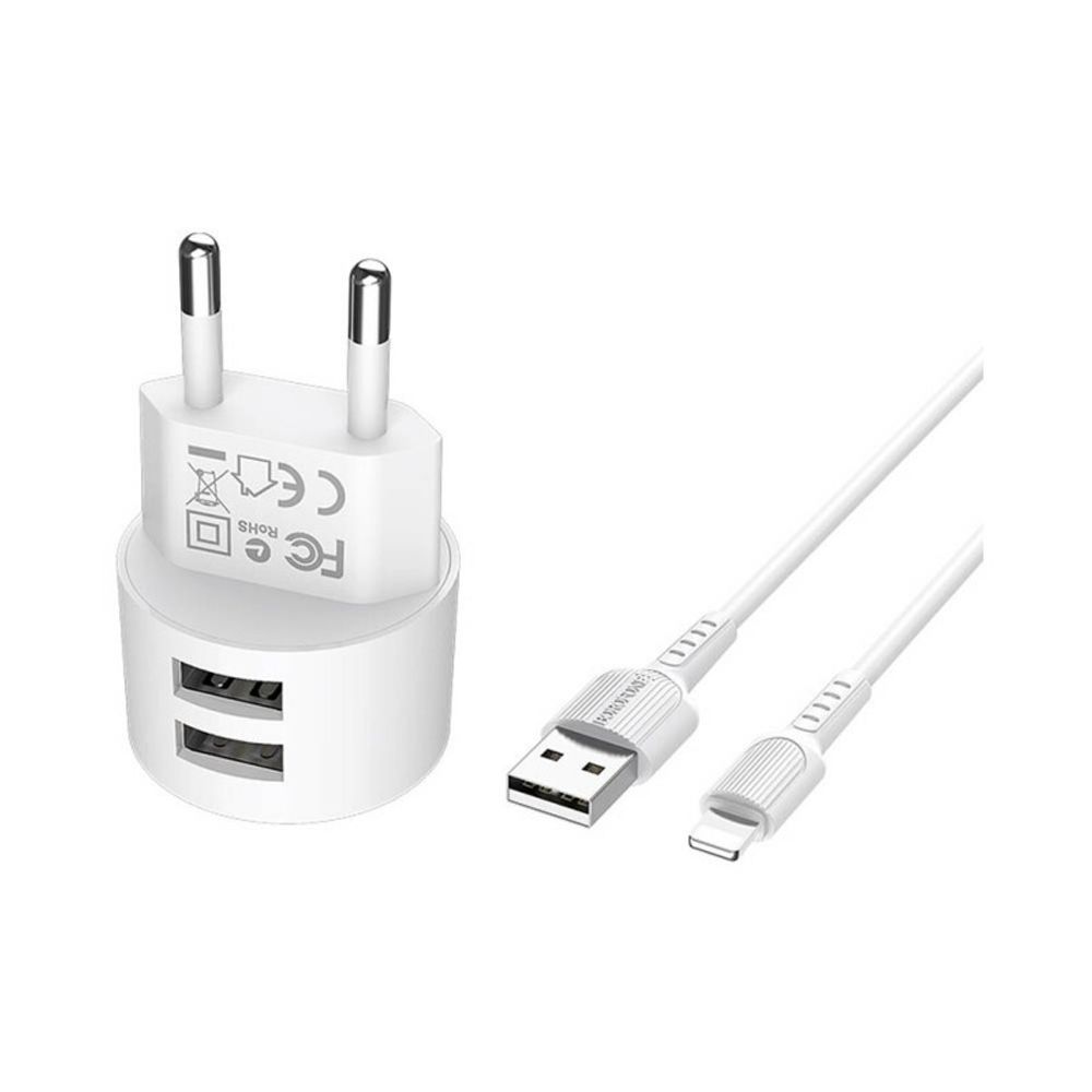 Сетевой адаптер питания BOROFONE BA23A 2USB 2.4A + кабель Lightning (белый)