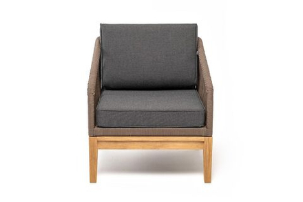 "Канны" кресло плетеное из роупа, основание дуб, роуп коричневый круглый, ткань темно-серая 027