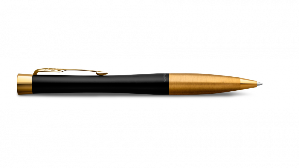 Шариковая ручка Parker Urban (матовый черный лак) Muted Black Gold Finish Trim, стержень: M, цвет чернил: blue, в подарочной упаковке.