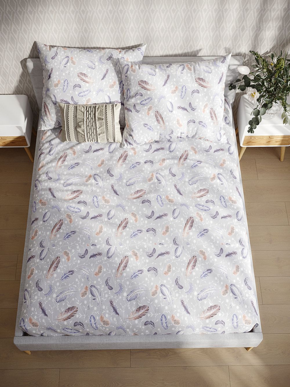 Постельное белье сатин Milky Garden "Перья" 2-спальное  Наволочка 70х70 см 2 шт Простынь  240x215 см Пододеяльник 175x215 см