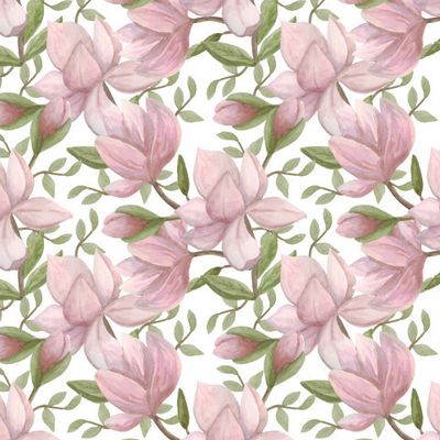 Нежные магнолии и зелёные листья на белом фоне