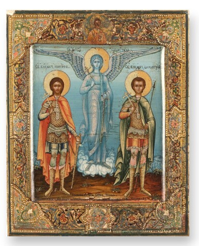 Никита и Дмитрий святые воины великомученики с Ангелом Хранителем. Деревянная икона на левкасе