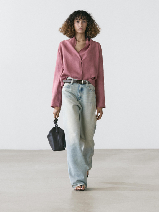 Massimo Dutti Блуза из струящейся льняной ткани внахлест, розовый