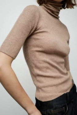 ZARA ТРИКОТАЖНЫЙ ТОП С ВЫСОКИМ ВОРОТНИКОМ, ТЕМНЫЙ БЕЖЕВО-КОРИЧНЕВЫЙ