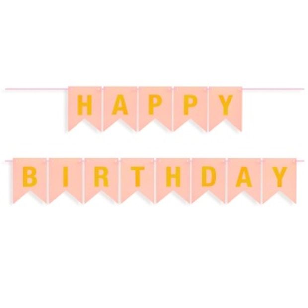 Гирлянда Флажки, Happy Birthday, Розовый/Золото, Металлик, 500 см, 16*12 см, 1 упак.