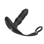 Черный анальный вибромассажёр с возвратно-поступательными движениями и кольцами для фиксации