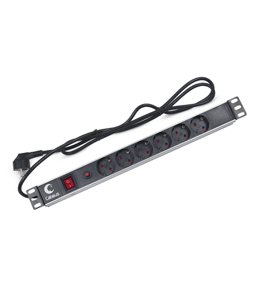 Cabeus PDU-6P-F-2EU Блок евророзеток для 19" шкафов, горизонтальный, 6 розеток, фильтр, 16 A, выключатель, шнур 2м, алюминиевый корпус, немецкий стандарт