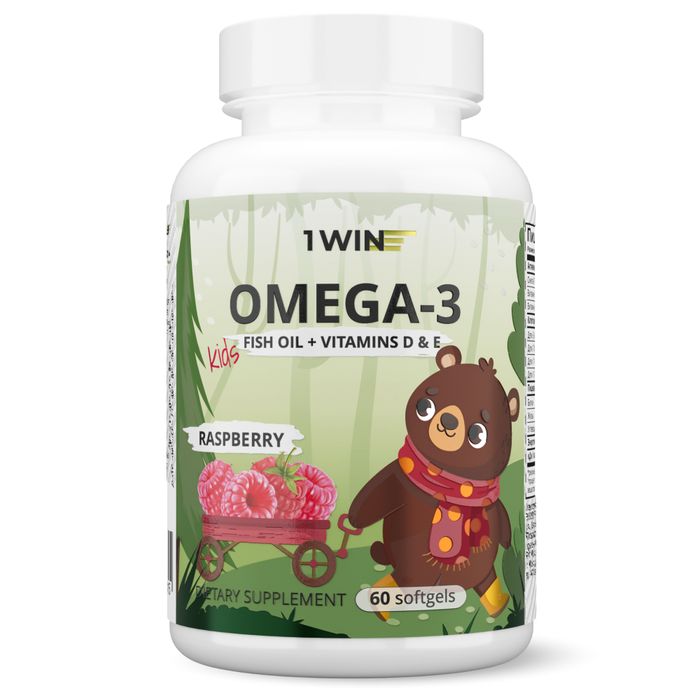 Детская Омега-3 со вкусом малины, Omega-3 Kids Raspberry, 1Win, 60 капсул