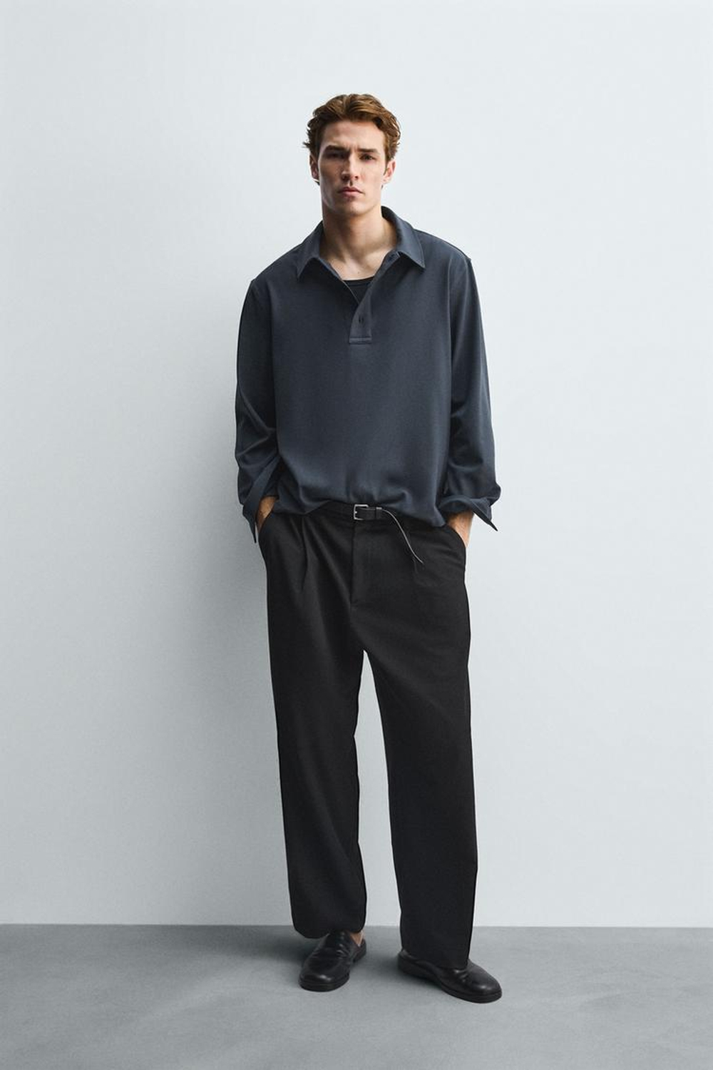 ZARA РУБАШКА-ПОЛО ИЗ СТРУЯЩЕЙСЯ ТКАНИ, СВИНЦОВЫЙ