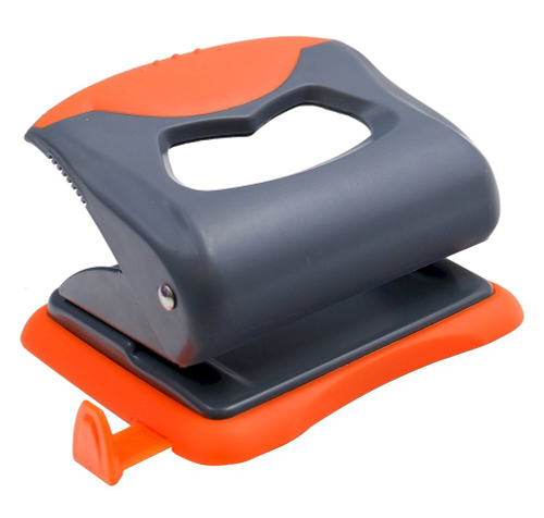Дырокол Qredo, 20 листов, металлический, с выдвижной линейкой и резиновой накладкой, серо-оранжевый