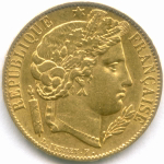 20 франков 1851 год. Франция. 2-я республика. Золото XF