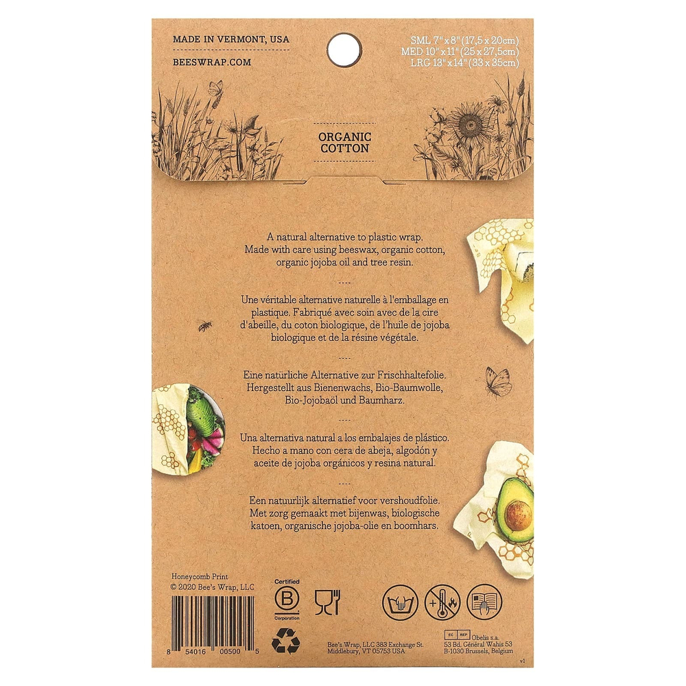 Bee's Wrap, Пищевая пленка, сотовый принт, 3 шт. В ассортименте