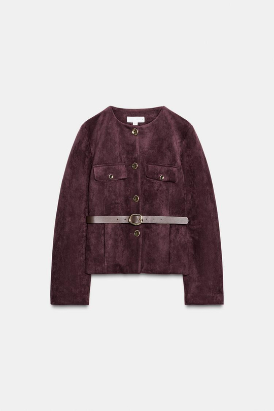 ZARA БЛЕЙЗЕР ИЗ ИСКУССТВЕННОЙ ЗАМШИ С ПОЯСОМ, БУРГУНДИ