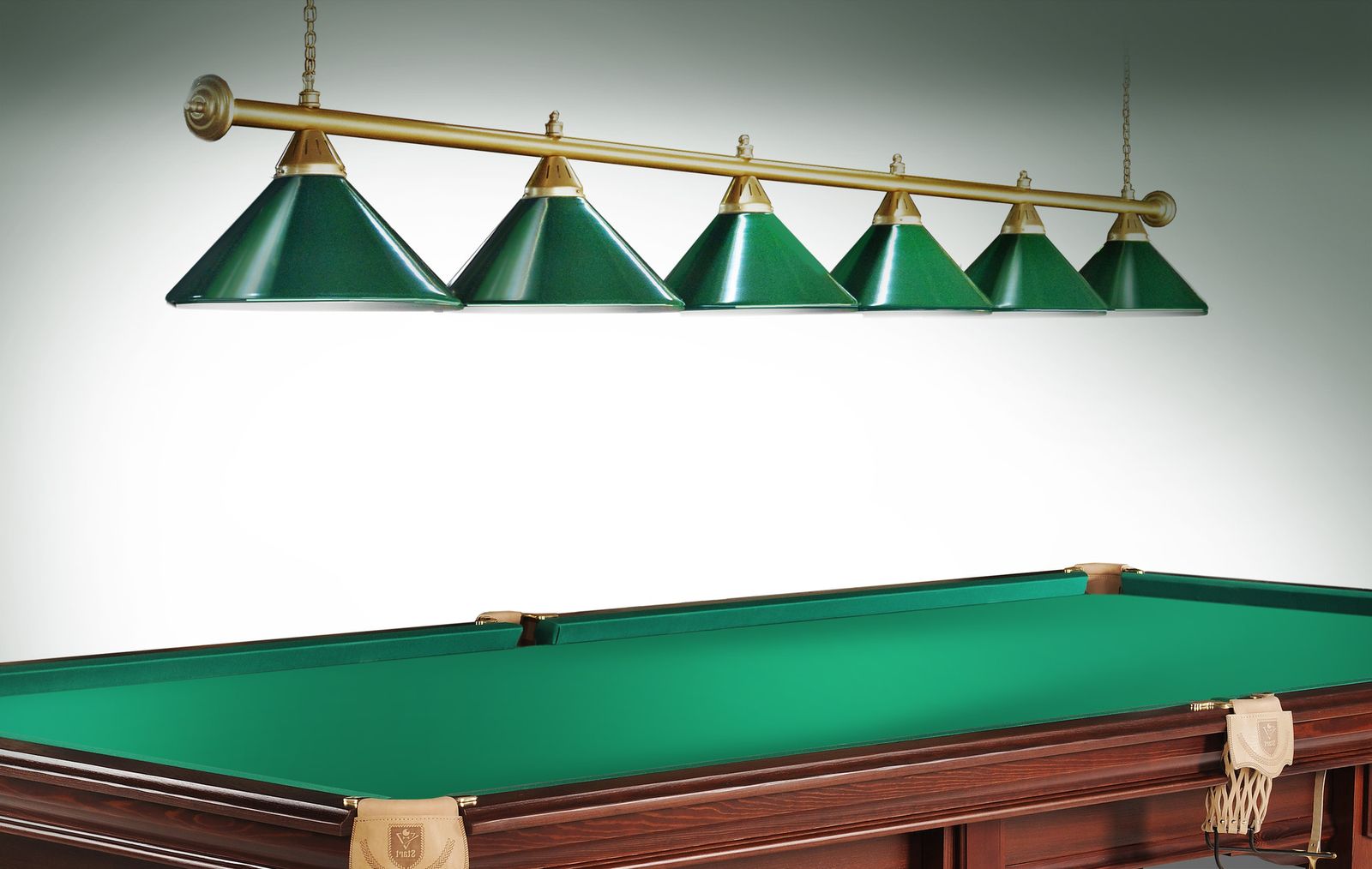 Лампа STARTBILLIARDS 6 пл. (плафоны зеленые,штанга золотая,фурнитура золото) фото №3