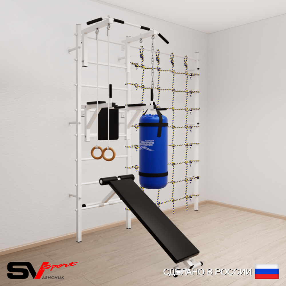 Шведская стенка Sv Sport усиленная 68120 (Турник стандарт/Брусья/Скамья/Кольца/Цепь/Мешок 22кг/Канатный лаз)