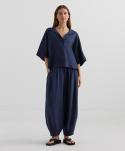 Oysho Рубашка свободного кроя с коротким рукавом из 100% льна, военно-морской