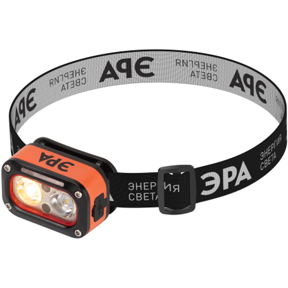 Фонарь налобный светодиодный ЭРА GA-812 Orange аккумуляторный 3+3 Bт сенсорное управление 5 режимов USB type C | Налобные фонари