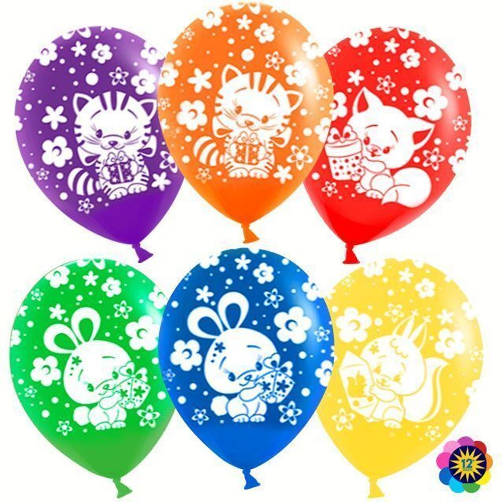 Шар (12''/30 см) Зверята и подарки, Ассорти, пастель, 5 ст, 25 шт.