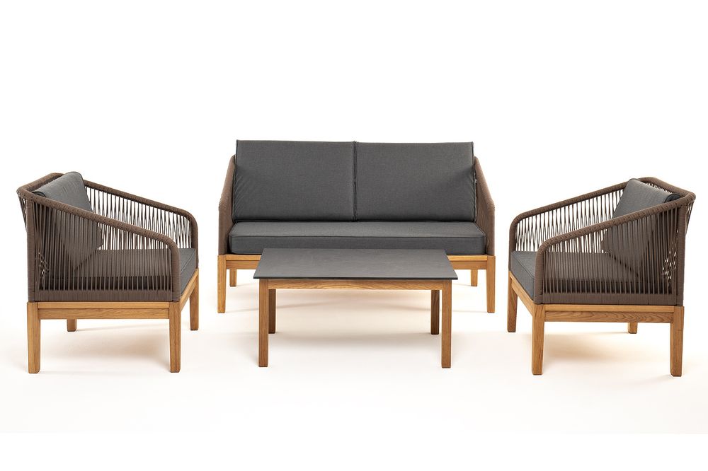 "Канны" лаунж-зона 4-местная из роупа со столиком "Канны" (серый гранит), основание дуб, роуп коричневый