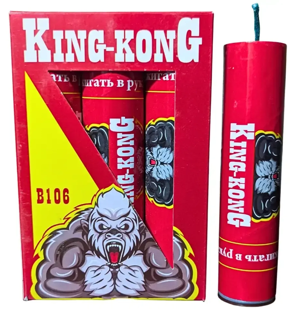 В106 King-Kong (упаковка 3 шт.): Петарда King-Kong от ТМ Волк — 30 г состава, упаковка из 3 штук, мощный звук и яркий эффект.