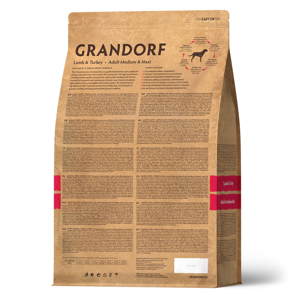 GRANDORF Dog Med&Max Lamb&Turkey Сухой корм для собак средних и крупных пород с ягнёнком и индейкой, 1 кг