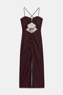 ZARA ЛЬНЯНОЕ ПЛАТЬЕ МИДИ В ГОРОШЕК, КОРИЧНЕВЫЙ