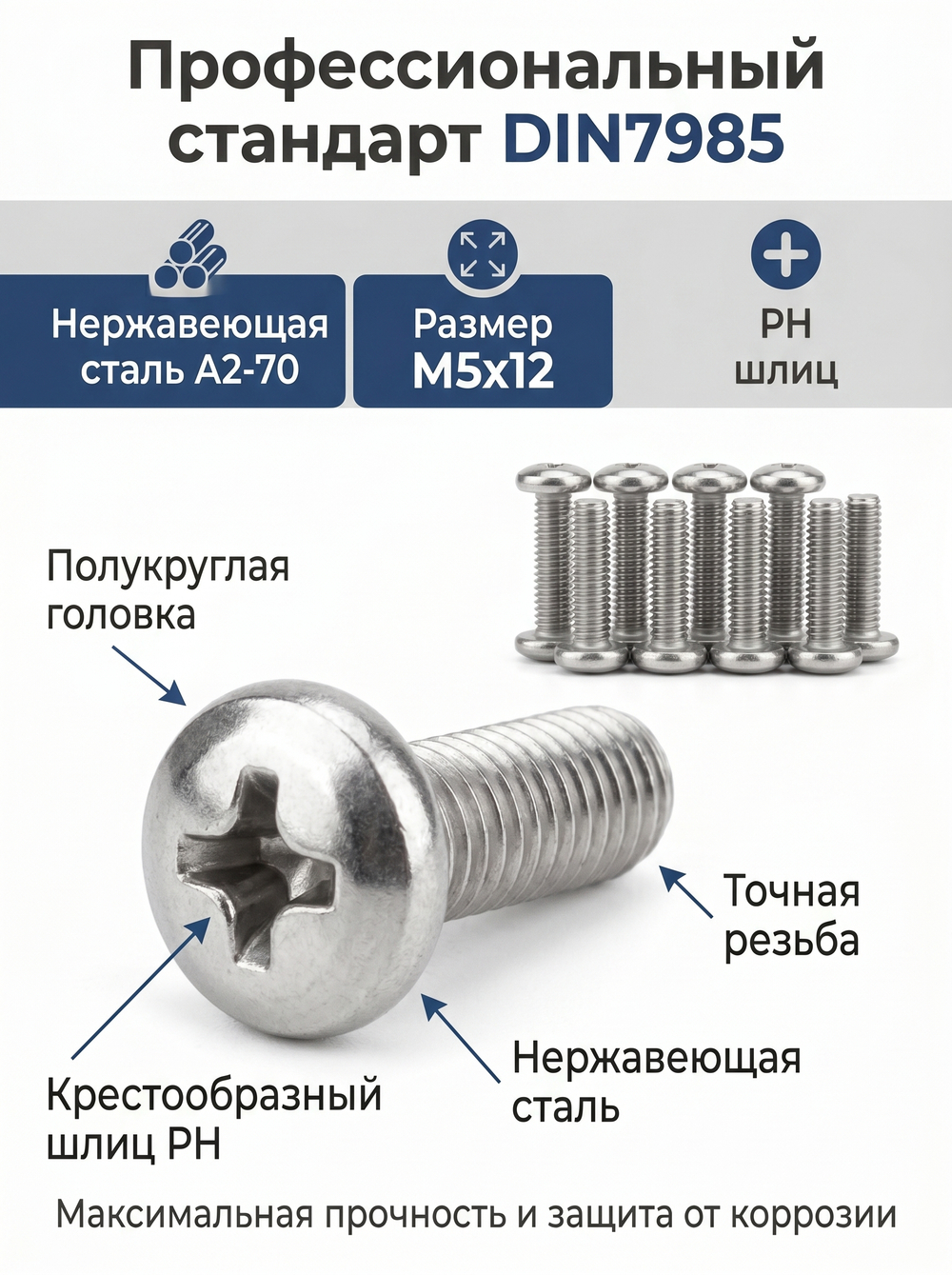 5х12 Винт полукруг. нерж. А2-70 DIN7985 PH (10 шт.)