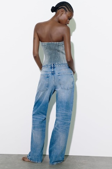 ZARA ДЖИНСОВЫЙ ТОП В БЕЛЬЕВОМ СТИЛЕ TRF, ГОЛУБОЙ