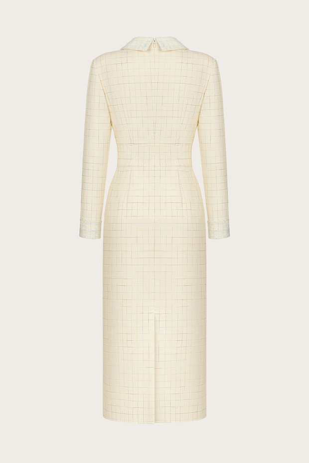 ПЛАТЬЕ ИЗ БЕЖЕВОЙ ШЕРСТИ С КРУЖЕВНЫМИ ВОРОТНИКОМ И МАНЖЕТАМИ